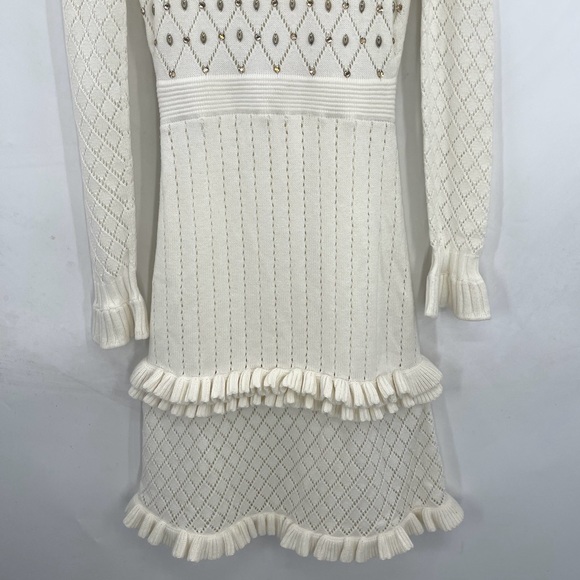 Manoush Embellished Ruffle Knit Midi Dress Long Sleeve Ivory Knit Dress Medium - Picture 4 of 9